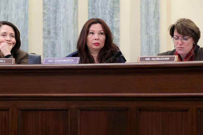 Senators Maria Cantwell, Tammy Duckworth, and Amy Klobuchar at a hearing